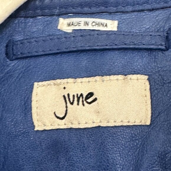 Anthropologie JUNE Handcrafted Medium Blue Cropped 3/4 Sleeve Leather Jacket L - Picture 2 of 12